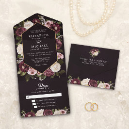 Dark Moody Burgundy Floral Elegant Wedding All In One Einladung