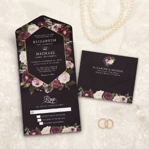 Dark Moody Burgundy Floral Elegant Wedding All In One Einladung