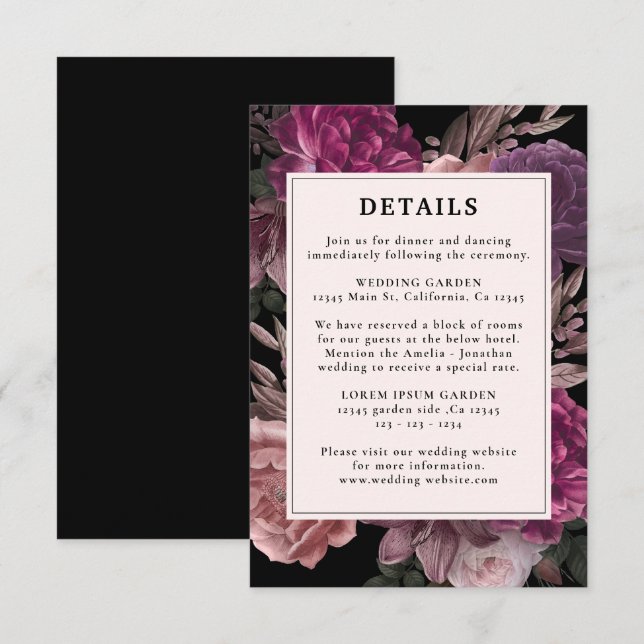 Dark Moody Burgundy & Maroon Floral Black Wedding Begleitkarte (Vorne/Hinten)