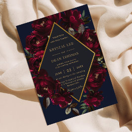 Dark Moody Burgundy Navy Blue Floral Wedding Einladung