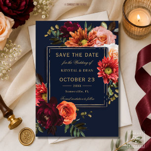 Dark Moody Burgundy Orange Floral Navy Hochzeit Save The Date