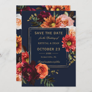 Dark Moody Burgundy Orange Floral Navy Hochzeit Save The Date