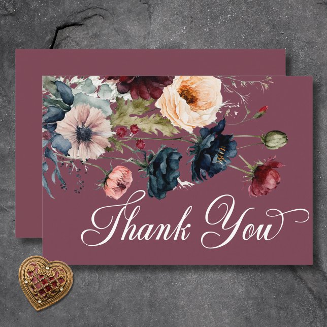 Dark Moody Burgundy Oval Floral Frame Wedding Dankeskarte (Dark Moody Burgundy Oval Floral Frame Wedding Thank You Card)