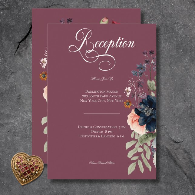 Dark Moody Burgundy Oval Floral Hochzeitsempfang Begleitkarte (Dark Moody Burgundy Oval Floral Wedding Reception Enclosure Card)