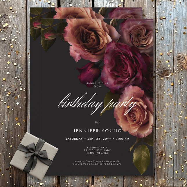 Dark Moody Burgundy Rust Rose Bloms Geburtstag Einladung (Dark Moody Burgundy Rust Rose Blooms Birthday Invitation)