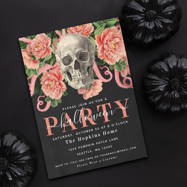 Dark Moody Coral Skull Floral Halloween-Party Einladung (Von Creator hochgeladen)