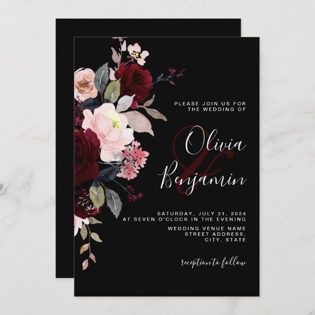 Dark Moody Elegant Floral Black Burgundy Wedding Einladung (Vorne/Hinten)