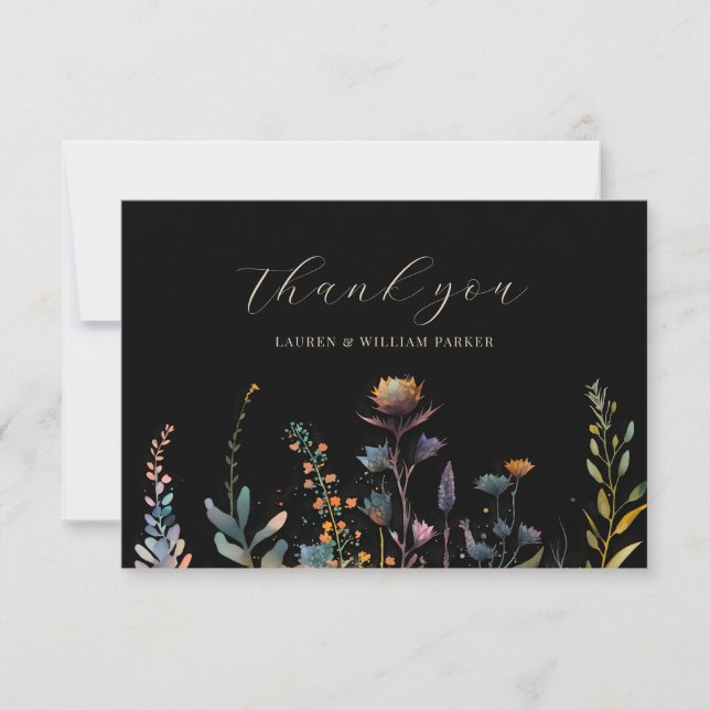 Dark Moody Elegant Floral Black Wedding Dankeskarte (Vorderseite)