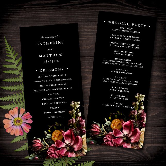 Dark + Moody Elegant Floral Black Wedding Programm (Von Creator hochgeladen)