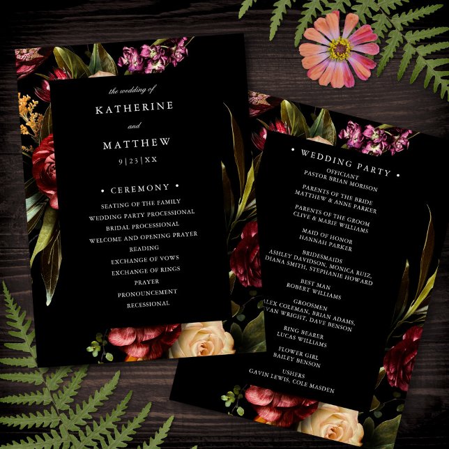 Dark + Moody Elegant Floral Black Wedding Programm (Von Creator hochgeladen)