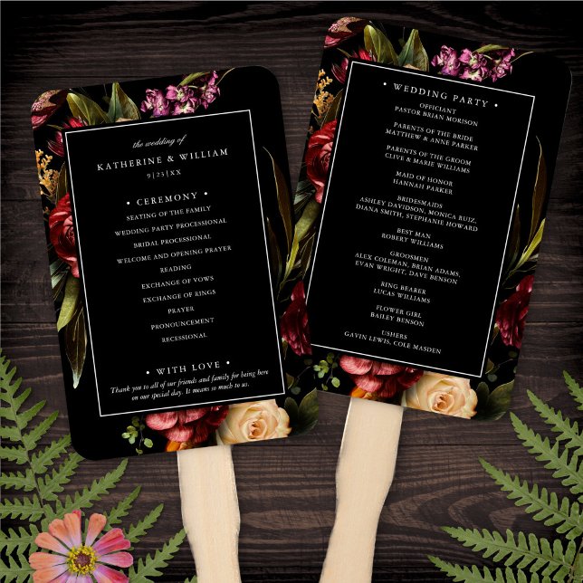 Dark + Moody Elegant Floral Black Wedding Programm Fächer (Von Creator hochgeladen)