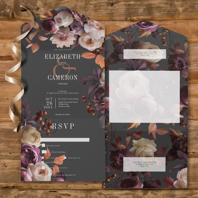 Dark Moody Fall Burgundy & Cream Peonies Dinner All In One Einladung (Dark Moody Fall Burgundy & Cream Peonies All In One Wedding Invitation with Dinner Options)