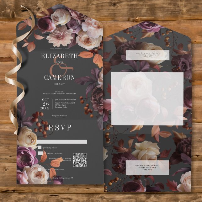 Dark Moody Fall Burgundy & Cream Peonies QR Code All In One Einladung (Dark Moody Fall Burgundy & Cream Peonies All In One Wedding Invitation with QR Code)
