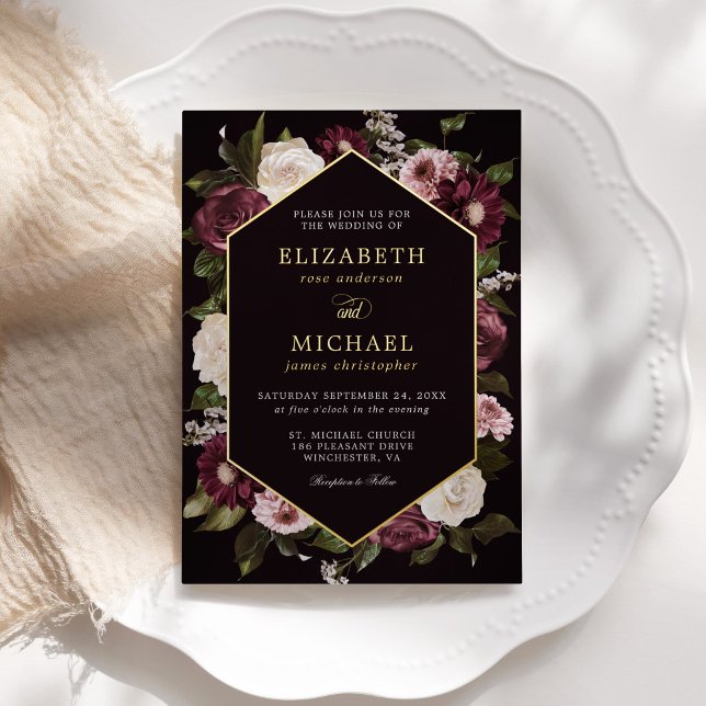 Dark Moody Floral Burgundy Wedding Elegant Folieneinladung (Von Creator hochgeladen)