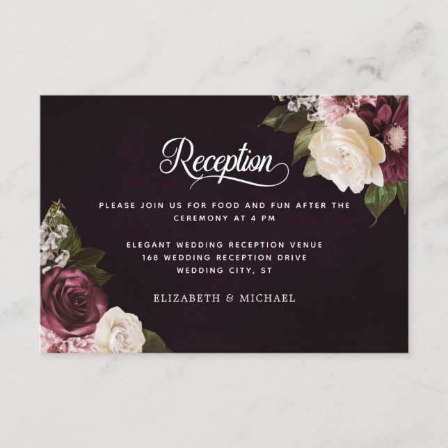 Dark Moody Floral Elegant Wedding Empfang Begleitkarte (Vorderseite)