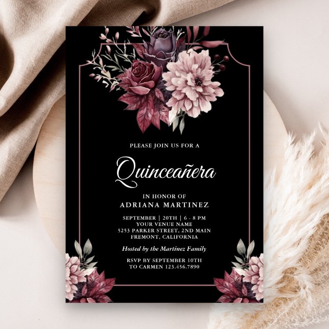 Dark Moody Floral Frame Black Quinceanera Einladung (Von Creator hochgeladen)
