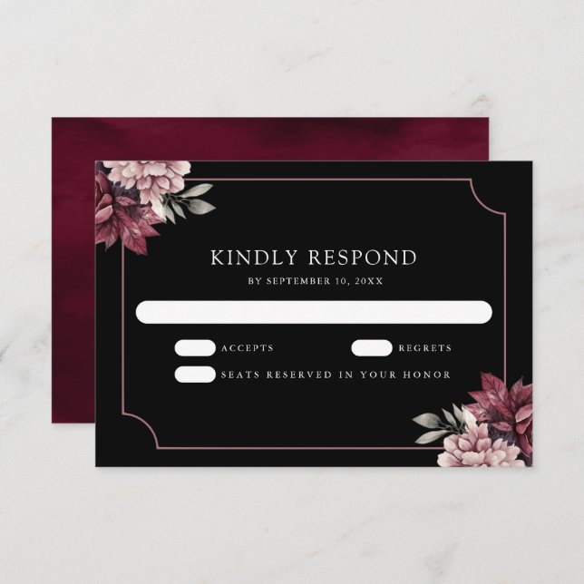 Dark Moody Floral Frame Black Wedding RSVP Karte (Vorne/Hinten)