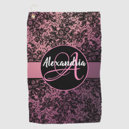 Dark Moody Floral on Pink Monogram Golfhandtuch