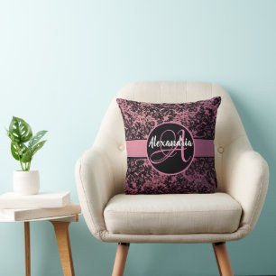 Dark Moody Floral on Pink Monogram Kissen