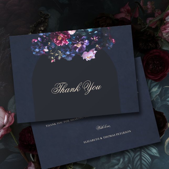 Dark Moody Floral Romantic Black Mauve Wedding Dankeskarte (dark moody wedding thank you card purple black jewel tones dutch painting romantic gothic)