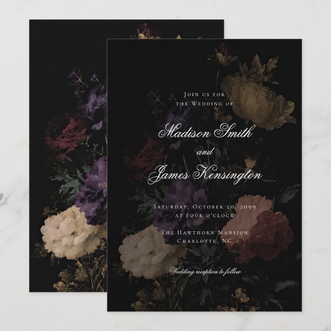 Dark Moody Floral Romantic Black Peony Wedding Einladung (Vorne/Hinten)
