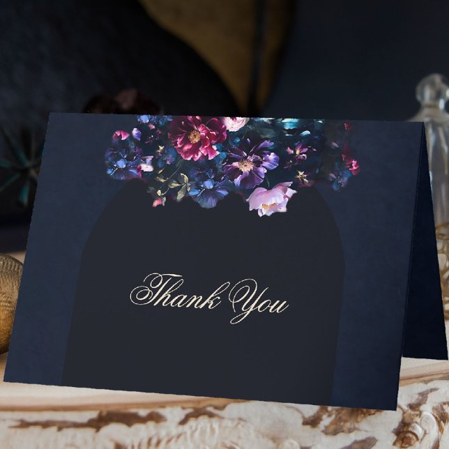 Dark Moody Floral Romantic Mauve Black Wedding Dankeskarte (dark moody wedding folded thank you card purple black jewel tones dutch painting romantic gothic)