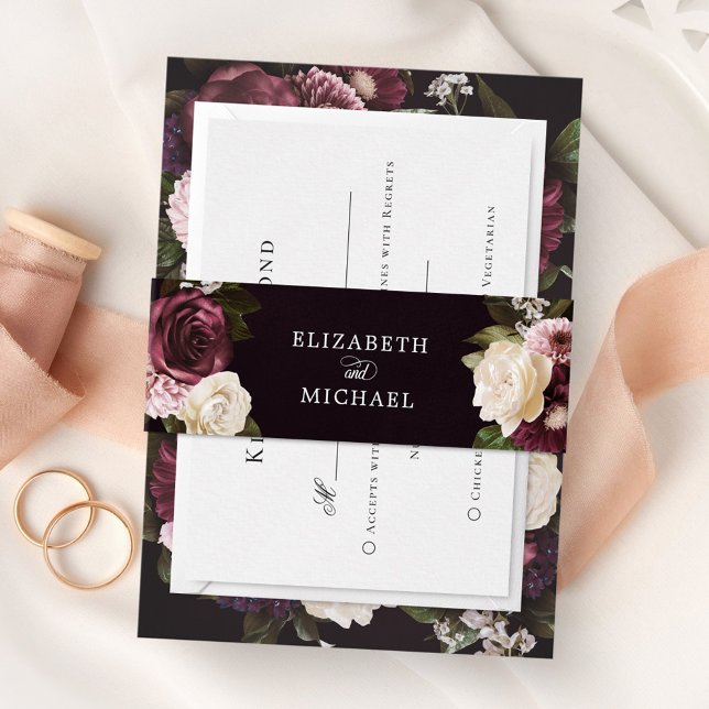 Dark Moody Floral Romantic Wedding Einladungsbanderole (Von Creator hochgeladen)
