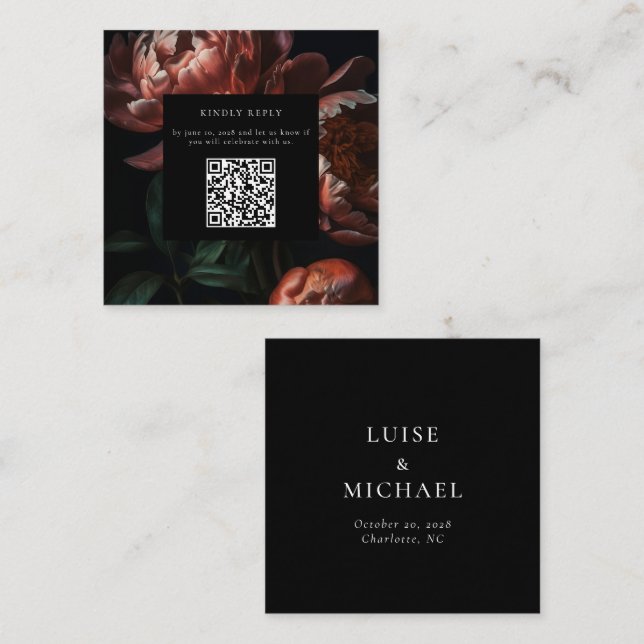 Dark Moody Florals Wedding RSVP QR Code Begleitkarte (Vorne/Hinten)