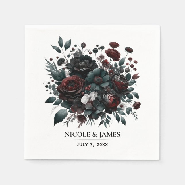 Dark Moody Forest Blume Elegante Blumenhochzeit Serviette (Vorderseite)
