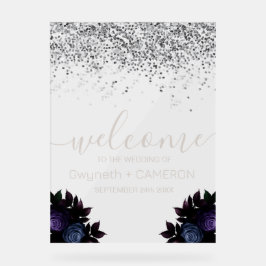 Dark Moody Glitzer Silver Navy Blue Florals Acrylschild