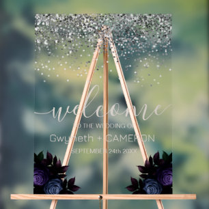 Dark Moody Glitzer Silver Navy Blue Florals Acrylschild