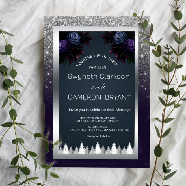 Dark Moody Glitzer Silver Navy Blue Florals Einladung (Dark and dramatic. Our navy blue, silver, and purple floral invitations add a touch of mystery)
