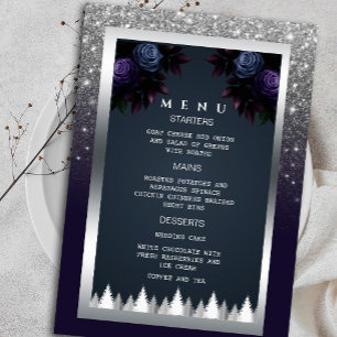 Dark Moody Glitzer Silver Navy Blue Florals Menü Einladung