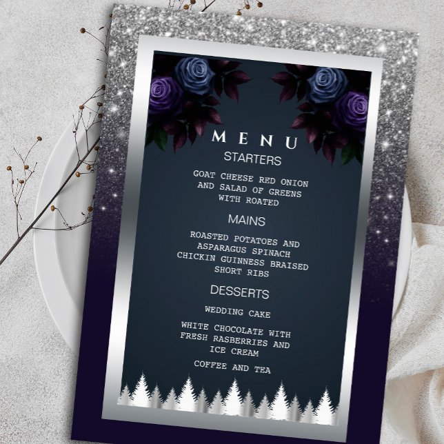 Dark Moody Glitzer Silver Navy Blue Florals Menü Einladung (Set the mood for an elegant evening with our silver glitter and navy blue floral menu invitation)