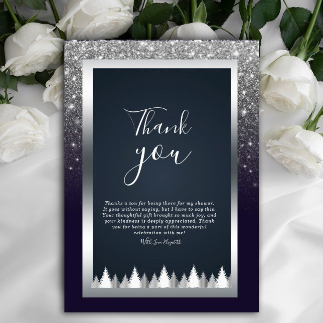 Dark Moody Glitzer Silver Navy Blue Vielen Dank Einladung (Dark and dramatic. Our navy blue, silver, and purple floral thank you card add a touch of mystery)