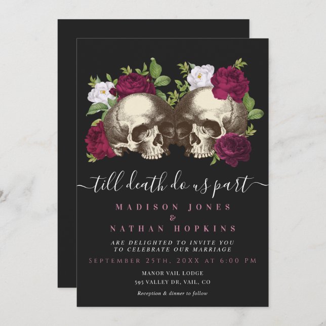 Dark Moody Gothic Skull Floral Wedding Einladung (Vorne/Hinten)