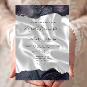 Dark Moody Gray Silver Agate White Silk Wedding Einladung