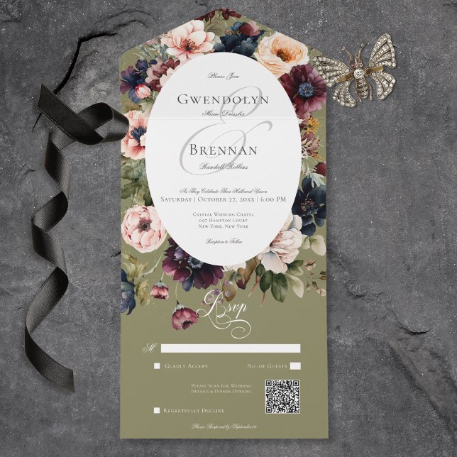 Dark Moody Green Oval Floral Frame QR Code All In One Einladung (Dark Moody Green Oval Floral Frame QR Code All In One Invitation)