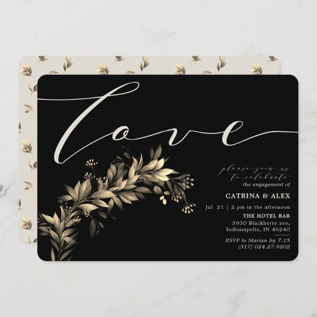 Dark Moody Greenery Beige Black Engagement Party Einladung