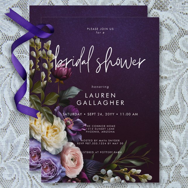 Dark Moody Lila & Cream Floral Brautparty Einladung (Dark Moody Purple & Cream Floral Bridal Shower Invitation)