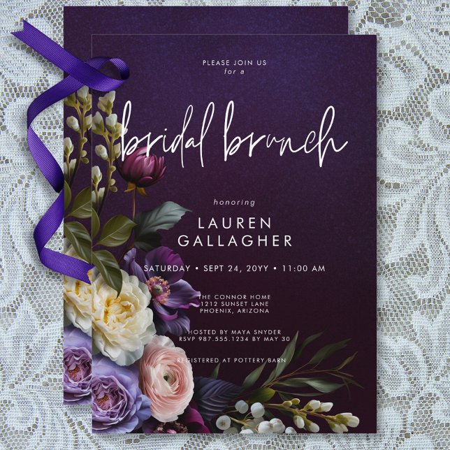 Dark Moody Lila & Cream Floral Bridal Brunch Einladung (Dark Moody Purple & Cream Floral Bridal Brunch Invitation)