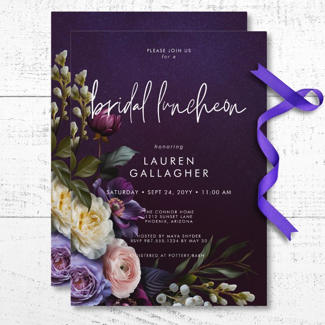 Dark Moody Lila & Cream Floral Bridal Luncheon Einladung (Dark Moody Purple & Cream Floral Bridal Luncheon Invitation)