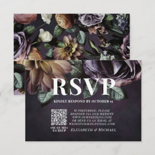 Dark Moody Lila Floral QR Code Wedding RSVP Card Karte