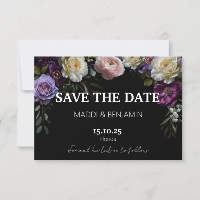 Dark Moody Lila Floral Save the Date Card RSVP Karte (Vorderseite)