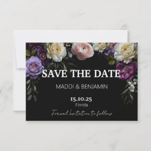 Dark Moody Lila Floral Save the Date Card RSVP Karte