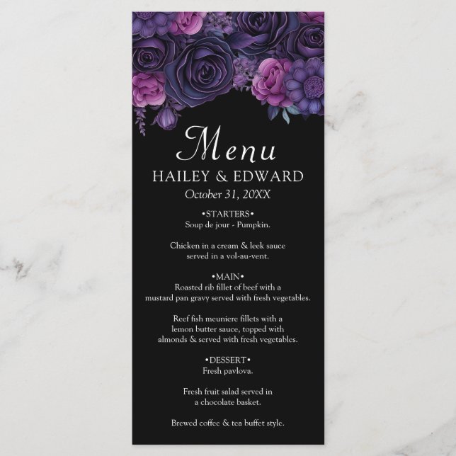 Dark Moody Lila Gothic Florals Wedding Menu Menükarte (Vorderseite)