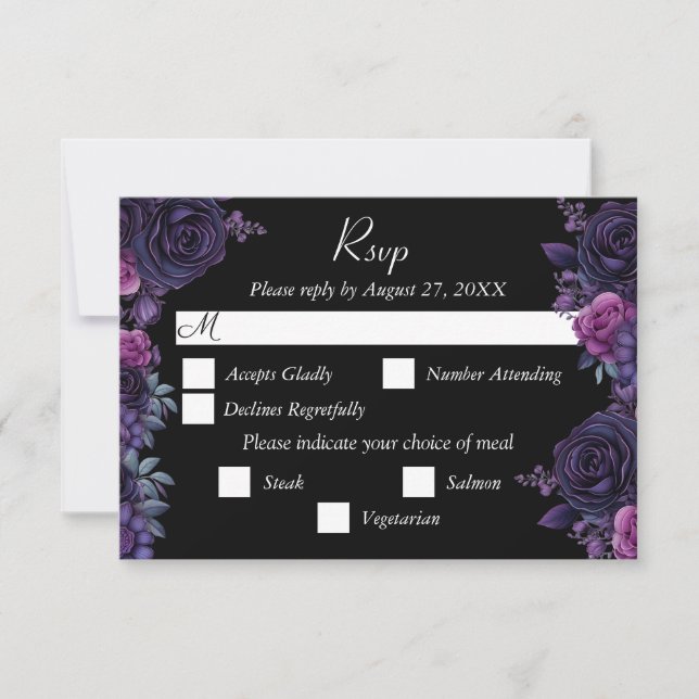 Dark Moody Lila Gothic Florals Wedding RSVP Card Karte (Vorderseite)