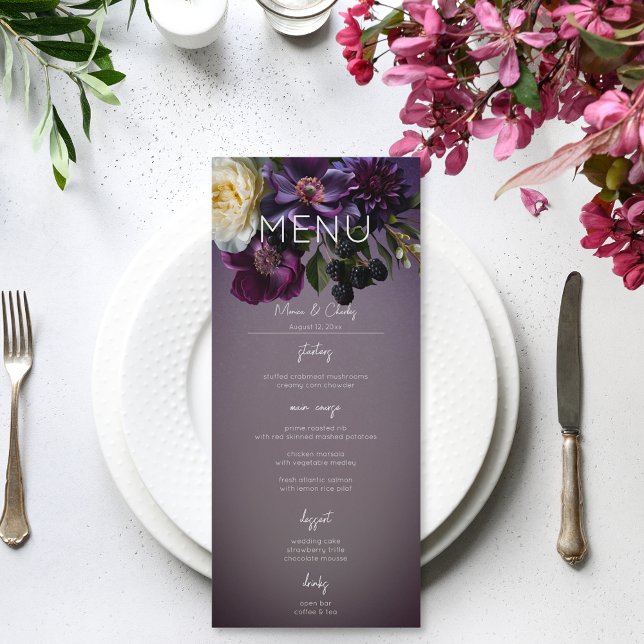 Dark Moody Lila Lavendel Floral Moderne Hochzeit Menükarte (Dark Moody Purple & Lavender Floral Modern Wedding Menu)