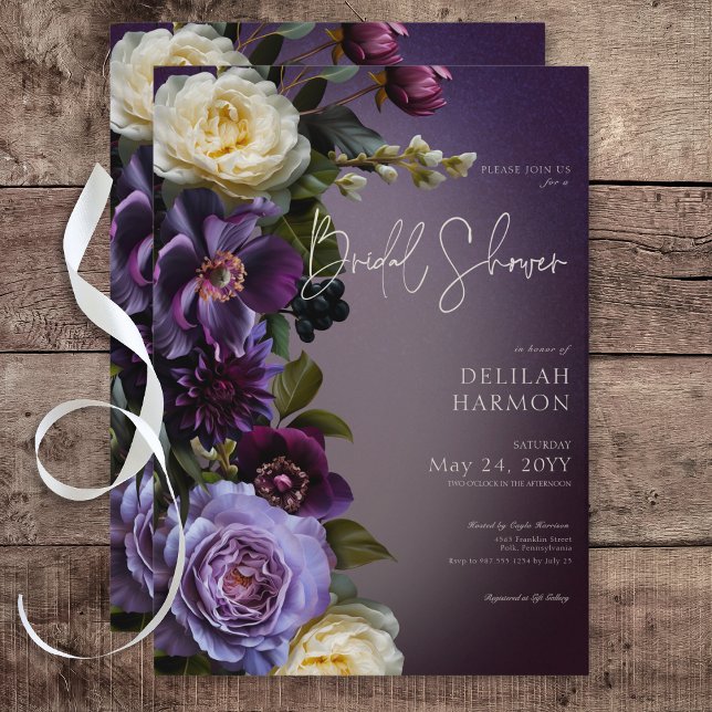 Dark Moody Lila & Lavender Floral Brautparty Einladung (Dark Moody Purple & Lavender Floral Bridal Shower Invitation)