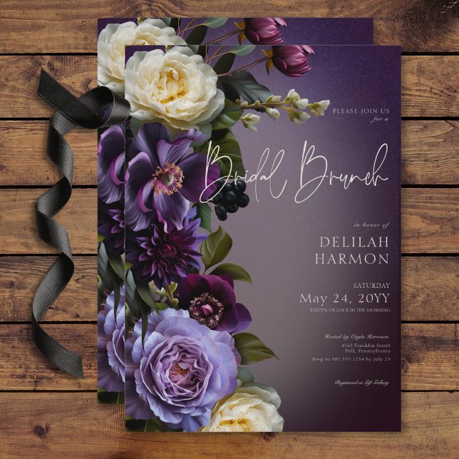 Dark Moody Lila & Lavender Floral Bridal Brunch Einladung (Dark Moody Purple & Lavender Floral Bridal Brunch Invitation)
